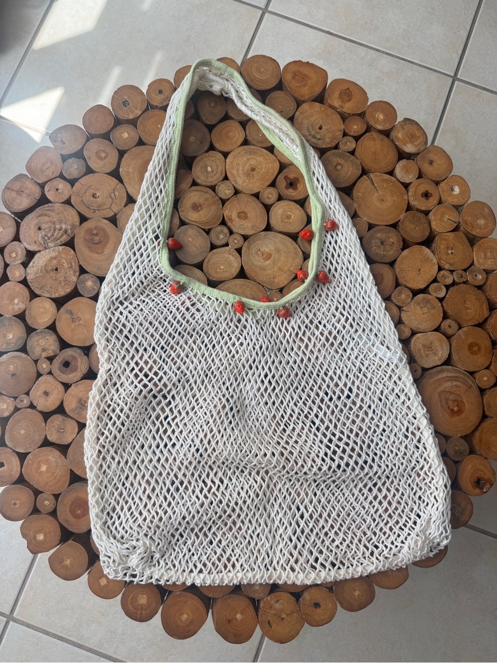 Urban Outfitters White Mesh Tote with Light Green Trim and Red Bead Accents